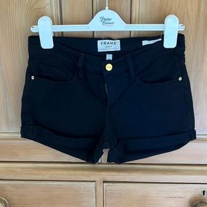 Frame, Le Cutoff, black denim shorts.